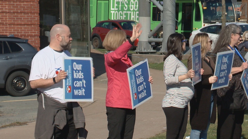 Nova Scotia teachers hold a rally at the Armdale Roundabout in Halifax on April 15, 2024. (CTV Atlantic)