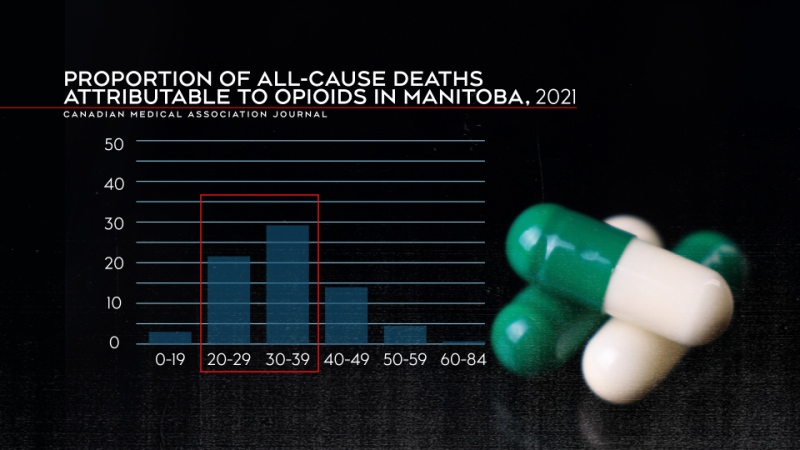 Proportion of all-cause deaths attributable to opioids in Manitoba in 2021. (Canadian Medical Association Journal)
