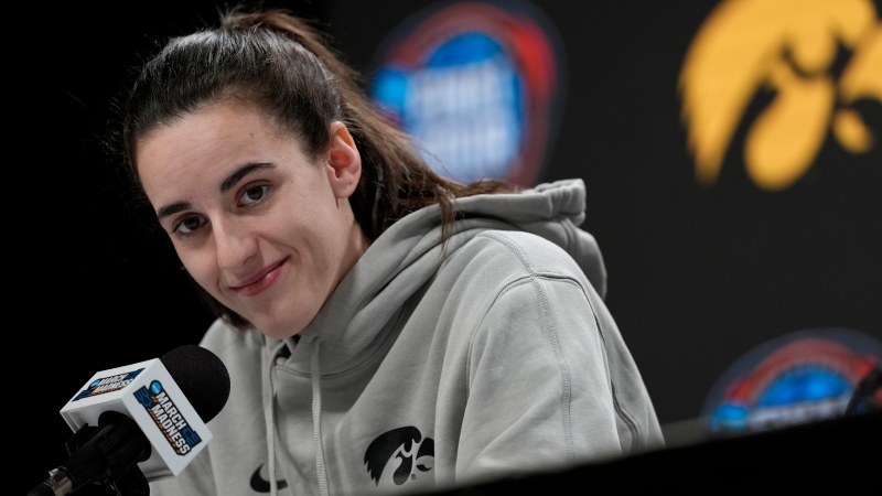 Caitlin Clark pauses as she speaks during a press conference before practice for the NCAA Women's Final Four championship basketball game on Saturday, April 6, 2024, in Cleveland. (AP Photo / Carolyn Kaster)