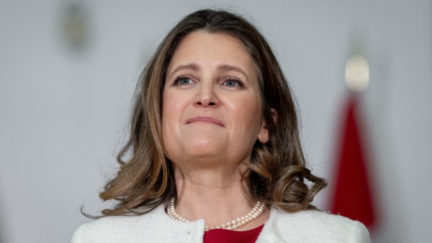 Deputy Prime Minister and Minister of Finance Chrystia Freeland listens to a speaker during a news conference for a housing announcement in Vancouver, B.C., March 27, 2024. THE CANADIAN PRESS/Ethan Cairns