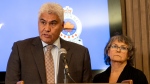 Thunder Bay Police Service Chief Darcy Fleury and Chair of the Police Services Board Karen Machado respond to recent charges against the former TBPS Chief Sylvie Hauth during a press conference in Thunder Bay, Ont. on Monday, April 15, 2024. THE CANADIAN PRESS/David Jackson