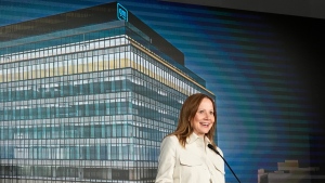 General Motors CEO Mary Barra addresses a news conference, Monday, April 15, 2024 in Detroit. (AP Photo/Carlos Osorio)