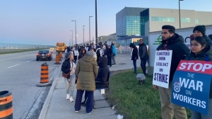 Workers hit the picket line outside Gate Gourmet in Mississauga on April 16, 2024. (Courtney Heels/ CP24)