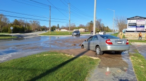 A fire hydrant was struck in the area of Michigan Avenue an Blackwell Road in Sarnia on April 15, 2024. (Source: Sarnia police)