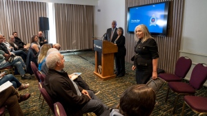 Lawyer Chantelle Bryson (right) speaks out against Thunder Bay Police Service Chief Darcy Fleury and Chair of the Police Services Board Karen Machado during a press conference in Thunder Bay, Ont. April 15, 2024. (THE CANADIAN PRESS/David Jackson)