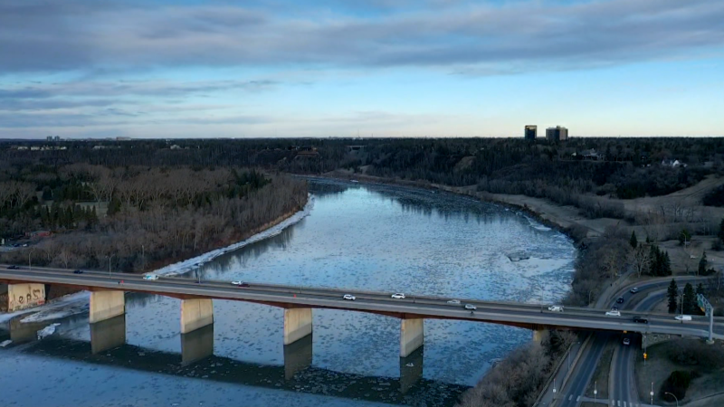 An aerial image of the North Saskatchewan River in Edmonton on April 16, 2024. (Cam Wiebe / CTV News Edmonton) 