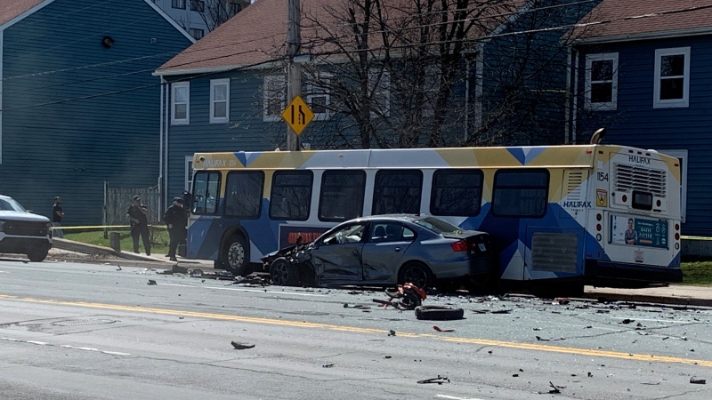 A three-vehicle collision on Barrington Street in Halifax on April 16, 2024. (Mike Lamb/CTV Atlantic)