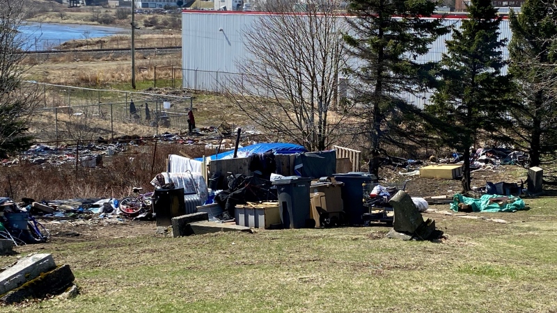 An encampment in the Thorne Avenue area of Saint John, N.B., is pictured on April 16, 2024. (Avery MacRae/CTV Atlantic)
