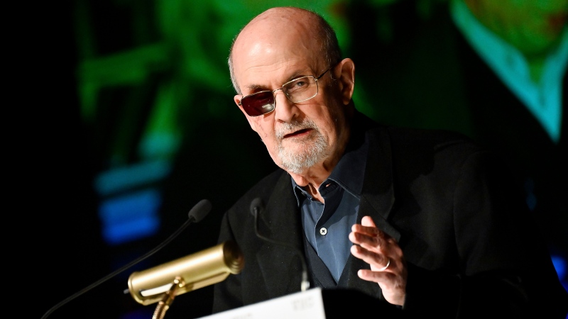 FILE - Author Salman Rushdie receives the Vaclav Havel Library Foundation's first ever lifetime achievement disturbing the peace award at the Vaclav Havel Center on Tuesday, Nov. 14, 2023, in New York. (Photo by Evan Agostini / Invision / AP, File)