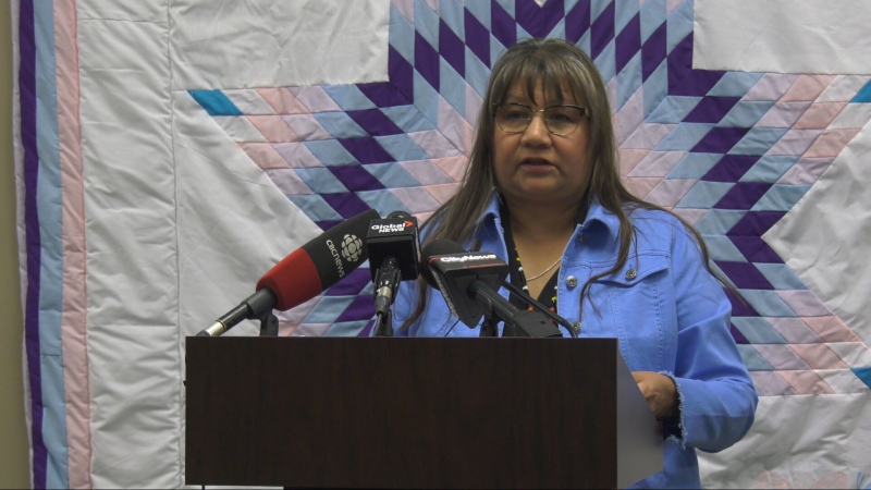 Sherry Gott is pictured at a news conference at the the Manitoba Advocate for Children and Youth office on April 16, 2024.