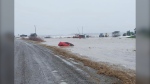 Red passenger vehicle stuck in flooded ditch in the area of Maybrook Road and Promenade Road in Casey Township, Ontario. April 14, 2024 (Ontario Provincial Police)