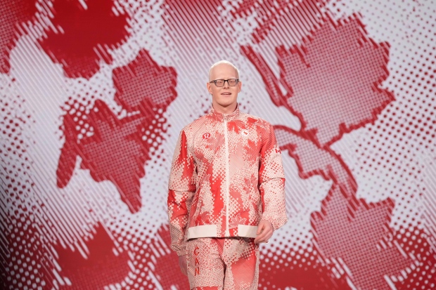Athlete Nicolas-Guy Turbide wears the 'podium' kit during the unveiling of the Team Canada x lululemon Athlete Kit for the Paris 2024 Olympic and Paralympic Games., in Toronto, on Tuesday, April 16, 2024.THE CANADIAN PRESS/Chris Young
