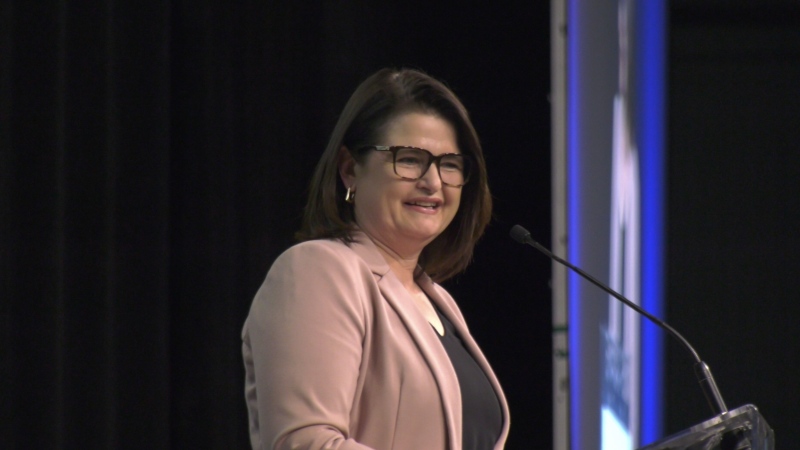 Carla Beck addresses the SUMA conference on Tuesday morning. (Hallee Mandryk/CTV News)