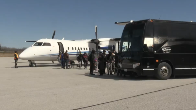 Kashechewan First Nation evacuees arrive at the Lake Simcoe Regional Airport in Oro-Medonte, Ont., on Tues., April 16, 2024. (CTV News/Steve Mansbridge)