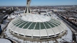 An aerial view of Olympic Stadium in Montreal, Monday Feb. 5, 2024. The Quebec government announced the roof and support ring will be replaced at a cost of $870-million. THE CANADIAN PRESS/Christinne Muschi