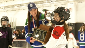 The Sault College Women’s Hockey team is less than a month removed from its second straight ACHA W2 National Championship. This week, the squad hosted dozens of young hockey fans for a Skate with the Champions event. (Photos courtesy of Sault Girls Hockey Association)