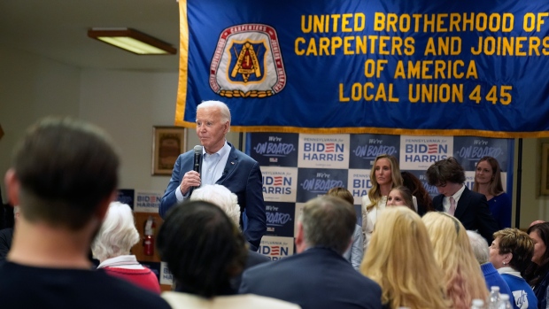 U.S. President Joe Biden speaks at the Carpenters Union Hall, Tuesday, April 16, 2024, in Scranton, Pa. (AP Photo/Alex Brandon)
