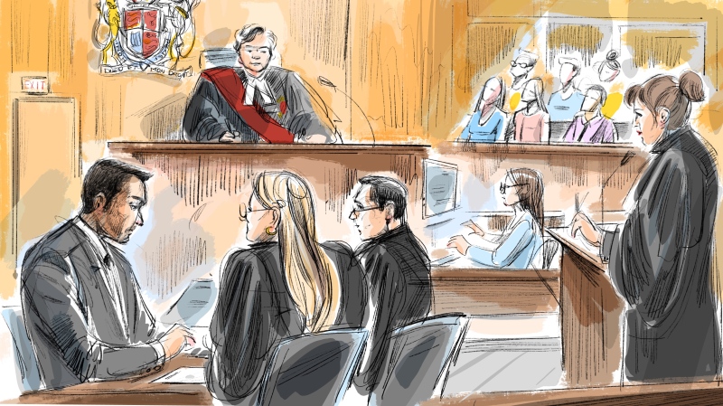Umar Zameer, left to right, defence lawyers Alexandra Heine, Nader Hasan, Crown attorney Karen Simone are shown in this courtroom sketch as Justice Anne Molloy and jury members look on in Toronto on Thursday, March 21, 2024. THE CANADIAN PRESS/Alexandra Newbould