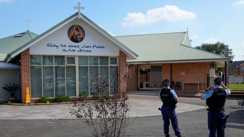 Police patrol outside the Christ the Good Shepherd church in suburban Wakely in western Sydney, Australia, Tuesday, April 16, 2024. (AP Photo/Mark Baker)