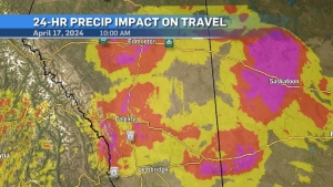 A map showing the 24-hour impact of precipitation on travel in Alberta, as of 10 a.m. on April 17, 2024. (CTV News) 