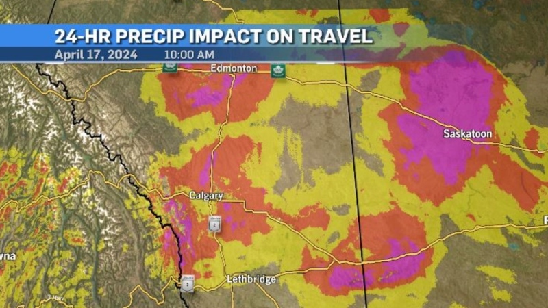 A map showing the 24-hour impact of precipitation on travel in Alberta, as of 10 a.m. on April 17, 2024. (CTV News) 
