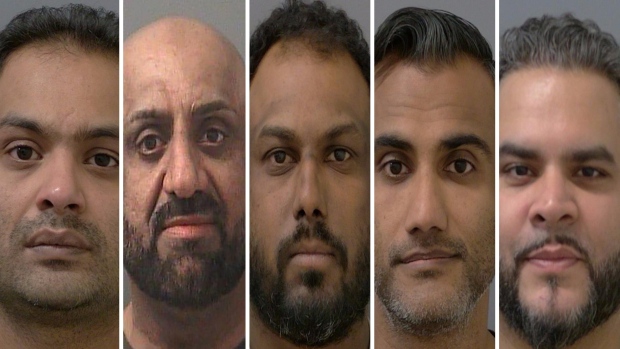 Five suspects that were arrested in connection with a gold heist at Pearson airport are shown. From left to right: Parmpal Sidhu, 54, Amit Jalota, 40, Ammad Chaudhary, 43, Prasath Paramalingam, 35, Ali Raza, 37. (Peel Regional Police)