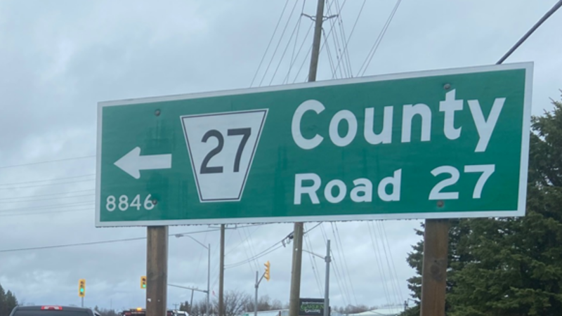 County Road 27 street sign in Barrie, Ont. (CTV News/Steve Mansbridge)