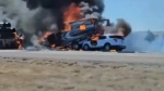 A fiery collision between a semi-truck and SUV shut down lanes of the I-40 interstate in Albuquerque, New Mexico. (Storyful: Ricardo Muniz)
