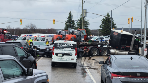 A multi-vehicle collision involving a semi-truck halts traffic in Barrie Ont., on April., 17, 2024. (CTV News/Steve Mansbridge)