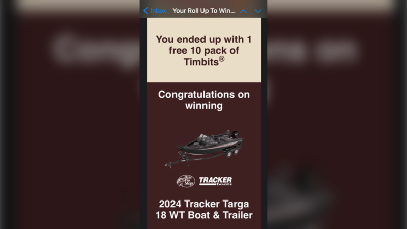 A Tim Hortons customer received a notification stating he had won the Tracker boat, but the company has since confirmed it was false. (Supplied)