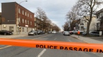 Police tape blocks a street in NDG on Wednesday, April 17, 2024. (Kelly Greig/CTV News)