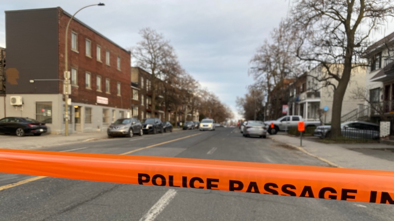 Police tape blocks a street in NDG on Wednesday, April 17, 2024. (Kelly Greig/CTV News)