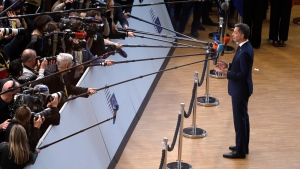 Belgium's Prime Minister Alexander De Croo speaks with the media as he arrives for an EU summit in Brussels, Wednesday, April 17, 2024. (AP Photo / Omar Havana)