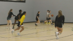 A group of University of Waterloo Warrior athletes practice on April 17, 2024. (Daryl Morris/CTV News)