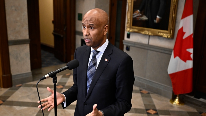 Minister of International Development Ahmed Hussen speaks in the foyer of the House of Commons before question period on Parliament Hill in Ottawa, Thursday, Feb. 15, 2024. (Justin Tang/The Canadian Press)
