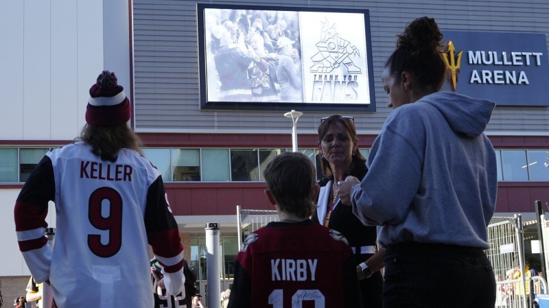 Arizona Coyotes fans start to gather for what is expected to be the franchise's final NHL hockey game in the Phoenix area, April 17, 2024, in Tempe, Ariz. (Ross D. Franklin / AP Photo)