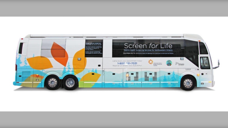 Undated photo of Screen For Life mobile cancer screening bus operated by Thunder Bay hospital and serving northwestern Ontario. (Thunder Bay Regional Health Sciences Centre)