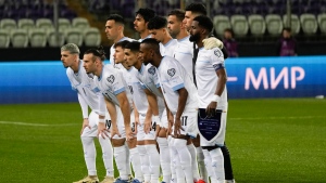 Israel players pose for photographers prior to the start of the Euro 2024 qualifying play-off soccer match between Israel and Iceland, at Szusza Ferenc Stadium in Budapest, Hungary, Thursday, March 21, 2024. (Darko Vojinovic/The Associated Press)