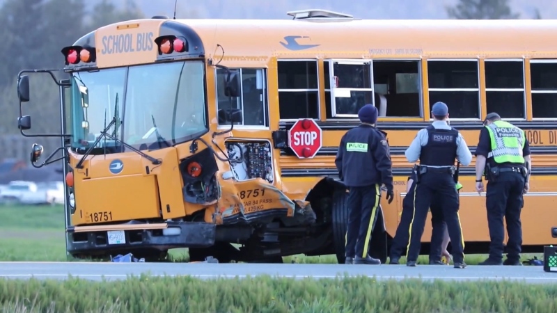 A crash between a school bus and a truck on April 17, 2024, near Deroche sent a driver to hospital.