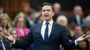 Conservative Leader Pierre Poilievre rises during question period, Tuesday, April 16, 2024, in Ottawa. THE CANADIAN PRESS/Adrian Wyld