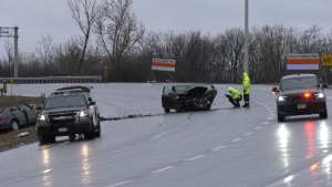 Ontario Provincial Police say a woman was killed in a two-vehicle crash on Hwy. 417 at the Aviation Parkway early Thursday morning. Police say one car was driving eastbound in the westbound lanes. (Katelyn Wilson/CTV News Ottawa)