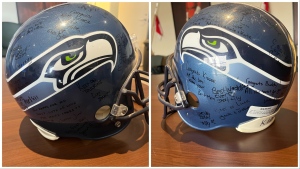 RCMP are attempting to find the rightful owner of this football helmet that was recovered during a search at a Calgary home in February. (Supplied)