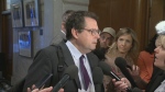 Education Minister Bernard Drainville speaks to reporters in Quebec City on Thursday, April 18, 2024. The education ministry is backtracking after it said officials could only deliver a presentation to parents of special needs children in French. (CTV News)