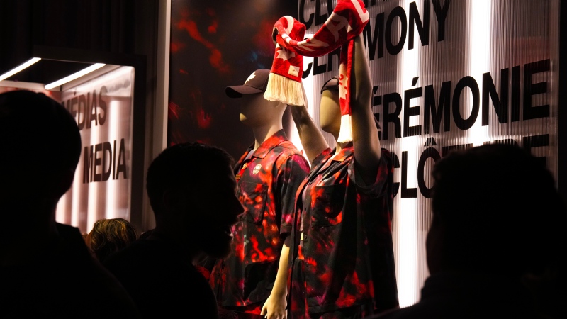 Mannequins display the "Closing Ceremony" kit at the unveiling of the Team Canada Lululemon Athlete Kit for the Paris 2024 Olympic and Paralympic Games in Toronto on Tuesday, April 16, 2024.THE CANADIAN PRESS/Chris Young