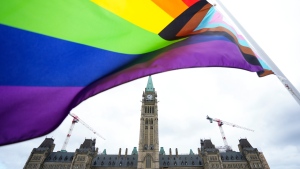 A Pride flag flies on Parliament Hill in Ottawa on Thursday, June 8, 2023, during a Pride event. THE CANADIAN PRESS/Sean Kilpatrick