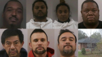 (L-R) Jashyna Singh, Oneil Hopkinson, Tyrone Dias, Royden Reis, Hung Lam, Joseph Carvalho, Edgar Martinez in connection with a human trafficking investigation at a property in Innisfil, Ont. (Source: South Simcoe Police Services)
