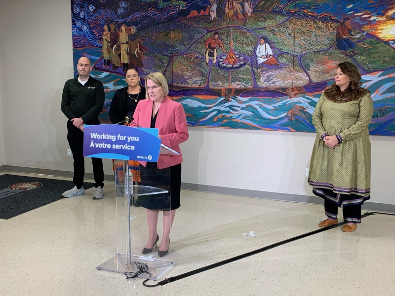 Deputy Premier and Health Minister Sylvia Jones speaks at the Southwest Ontario Aboriginal Health Access Centre in Muncey on Thursday, April 18, 2024. (Bryan Bicknell / CTV News London).