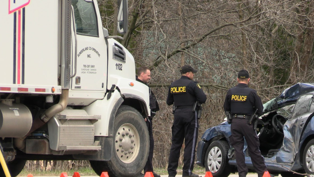 Ontario Provincial Police attend the scene of a collision on Highway 12 in Orillia, Ont., on Thurs., April 18, 2024. (Courtesy: Connor Earl Productions) 