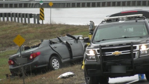 One of the vehicles involved in a two-vehicle crash on Hwy. 417 in Ottawa ended up in the median. Ontario Provincial Police say one of the vehicles involves was travelling eastbound while in the westbound lanes Thursday morning. (Katelyn Wilson/CTV News Ottawa)
