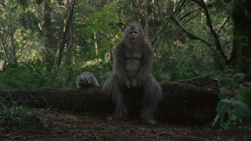 This image released by Bleeker Street shows Jesse Eisenberg in a scene from the film "Sasquatch Sunset." (Bleeker Street via AP)